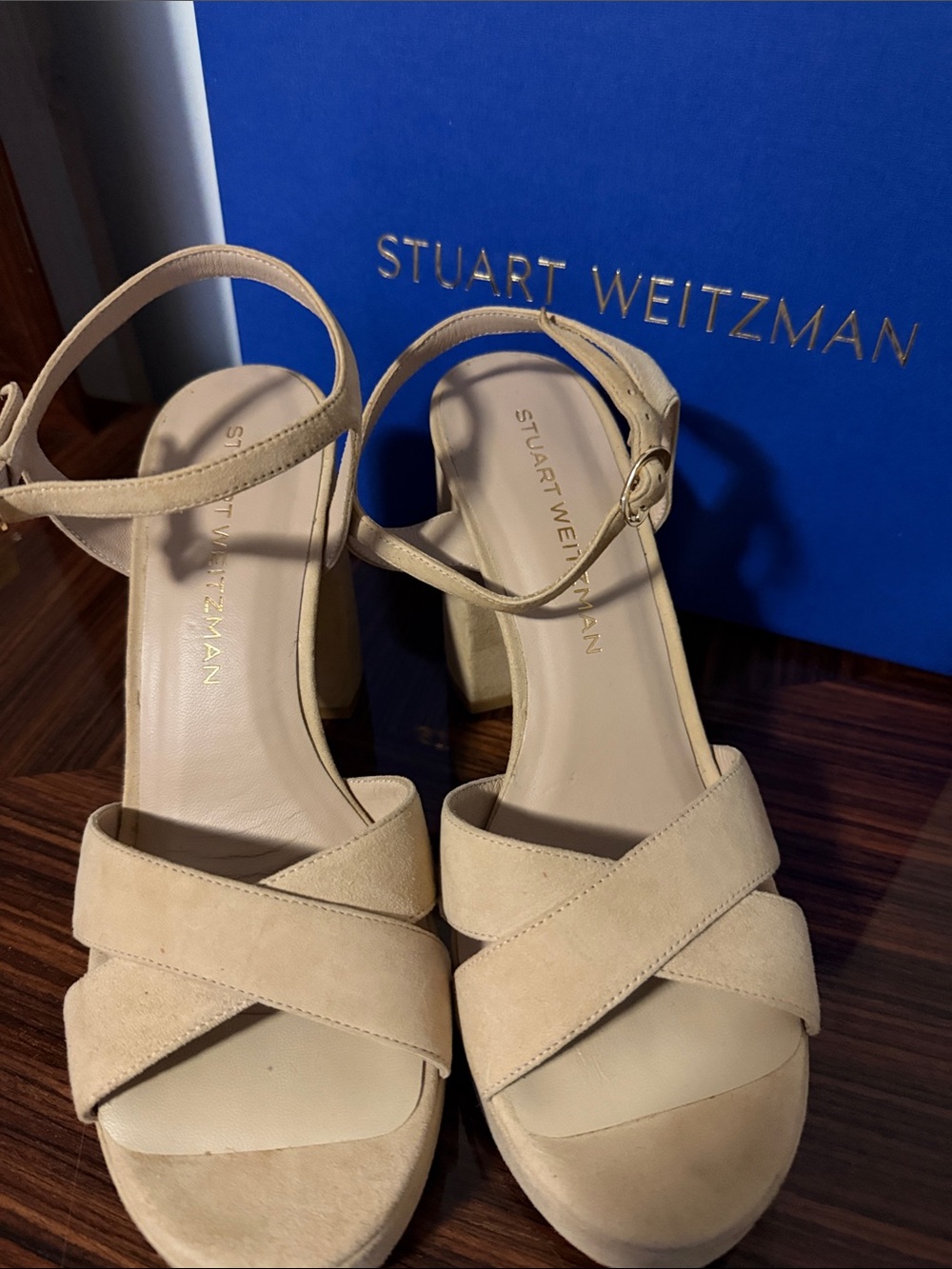 Stuart Weitzman Neutral Beige Suede Block Heel Sandals
